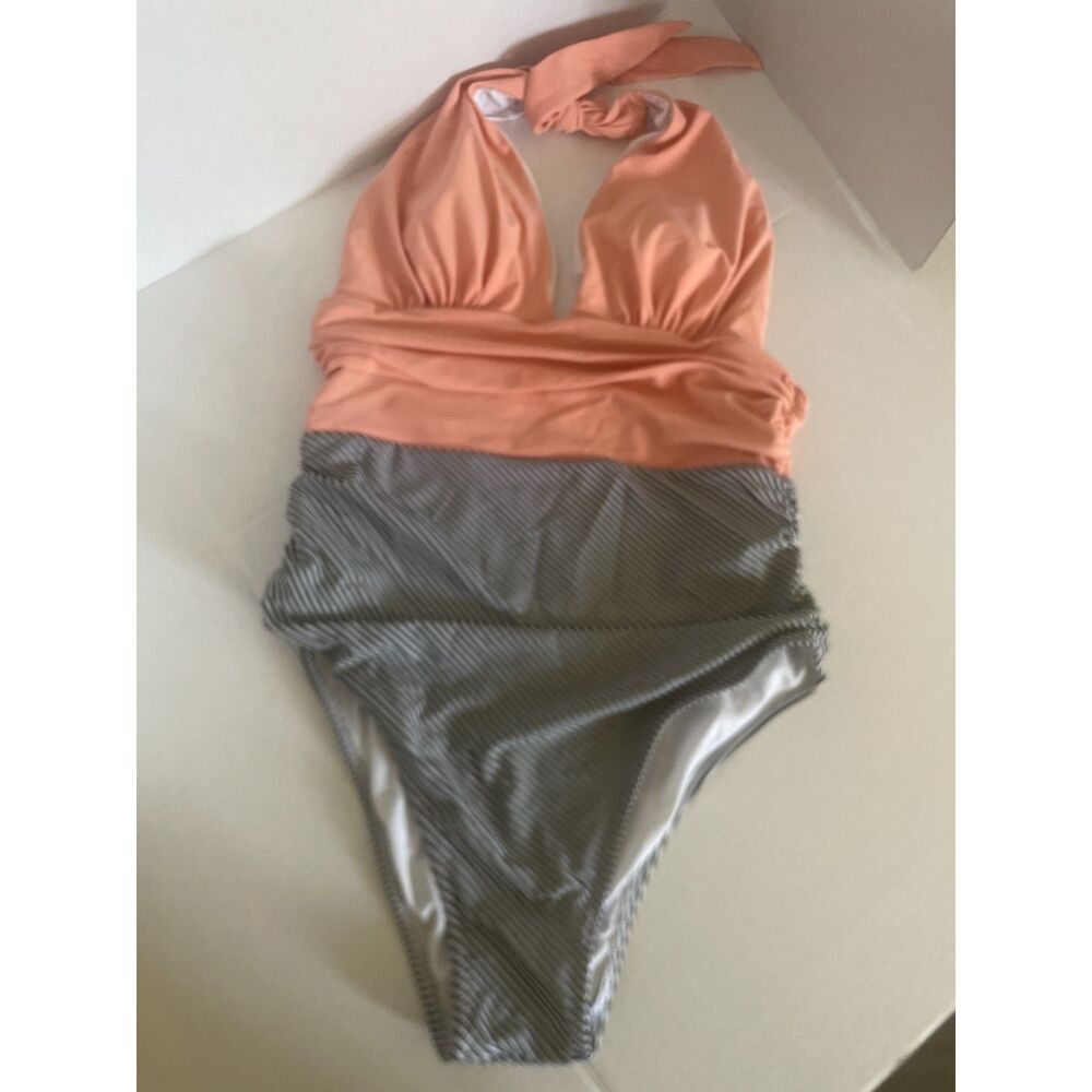 Cupshe Peach Striped Halter One Piece Swimsuit Sweetheart Neck Ruching M